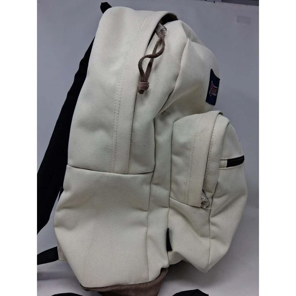 JanSport Right Pack Cream Canvas Backpack Brown Suede Bottom School Bag